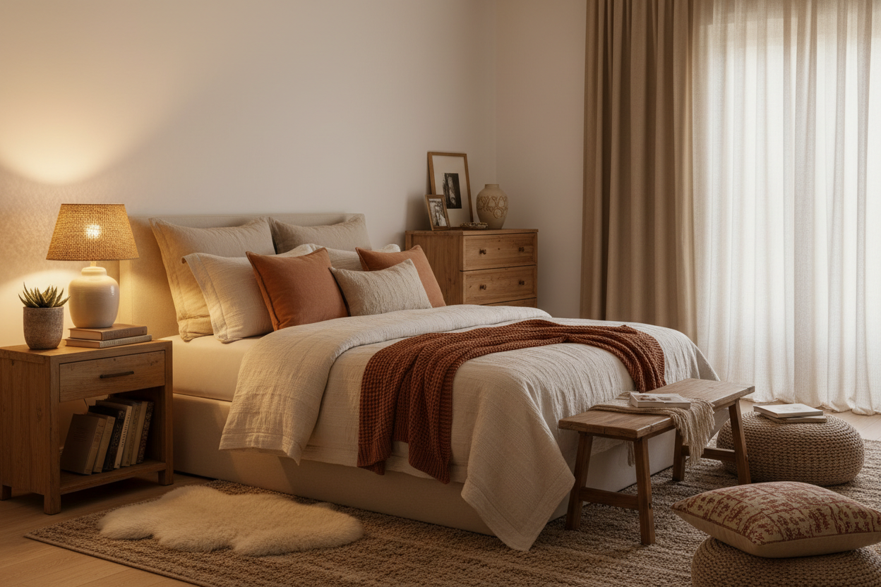 neat, cozy warm bedroom